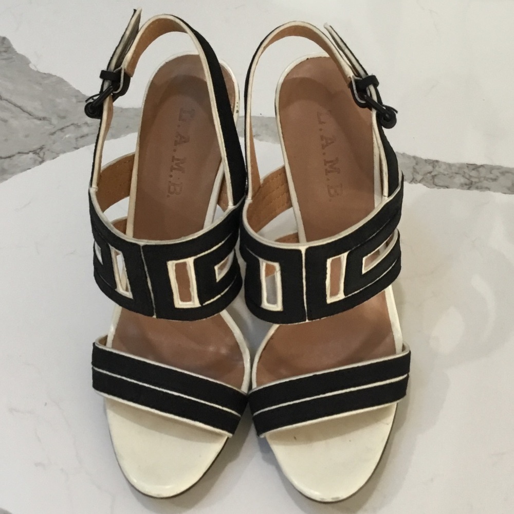 L.A.M.B. Black and Cream Geometric Sandals size 8